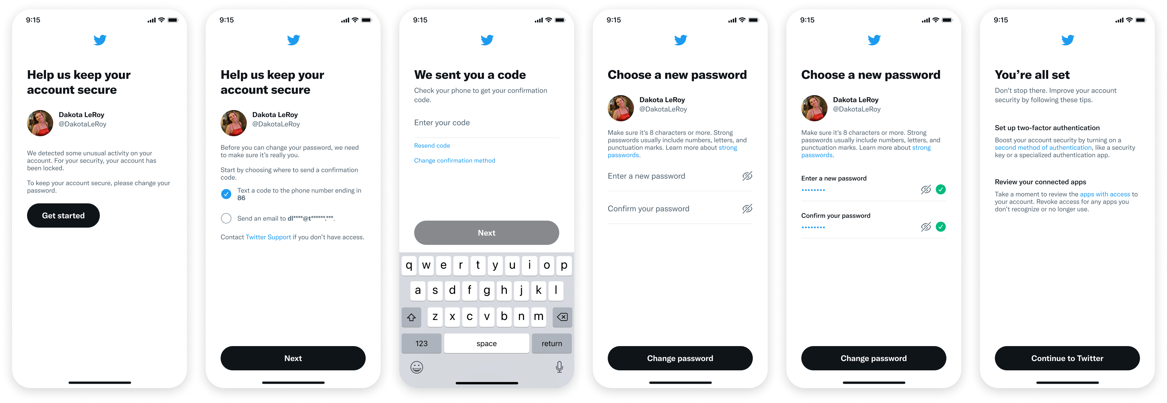 Password reset flow screens